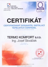 Certifikát dodavatele tepelných čerpadel